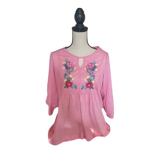 Kim Rogers Womens Medium Tunic Top Pink Gingham Embroidered Floral Grannycore - Picture 1 of 10